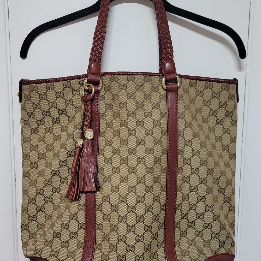 Damaged Gucci Marrakech XL Tote Bag GG Monogram Brown Brick Red Water Da